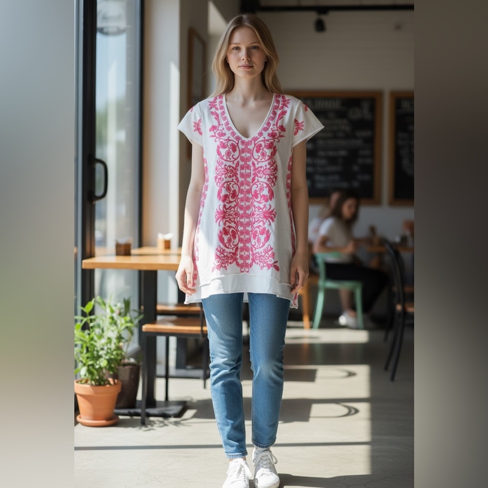 Johnny Was Embroidered Pink and White Women's Tunic
